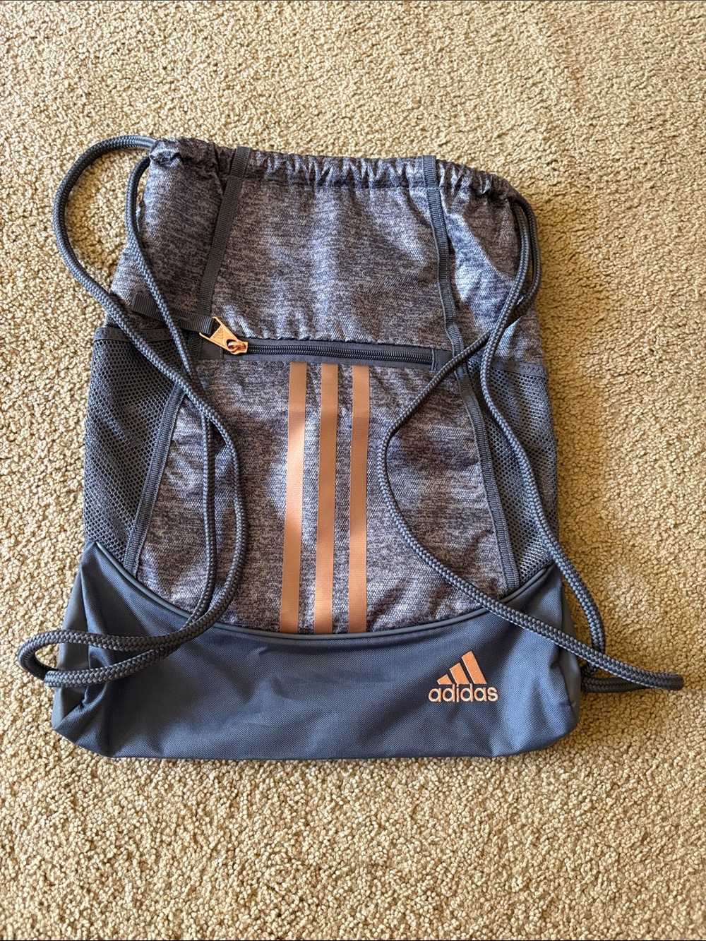 adidas Gray Drawstring Backpack with Rose Gold Stripes